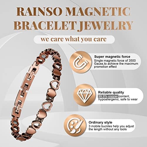 Rainso Sons Womens Heart Design Pure Copper Health Terapia magnética Bracelets alívio da dor para artrite ajustável com