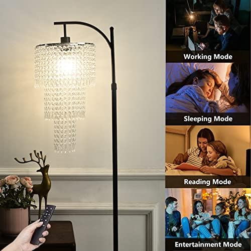 Lâmpada de chão de cristal para quarto de sala, lâmpada de pé moderna com controle remoto e lâmpada RGB diminuível, lâmpada de piso preto boho arco, três camadas de cristal lampshades de piso de decoração rústica de decoração alta lâmpada alta