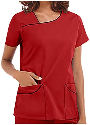 Túnica feminina tops de manga curta de colarinho irregular de colarinho sólido Trabalhadores de cor de cor com camiseta de bolso