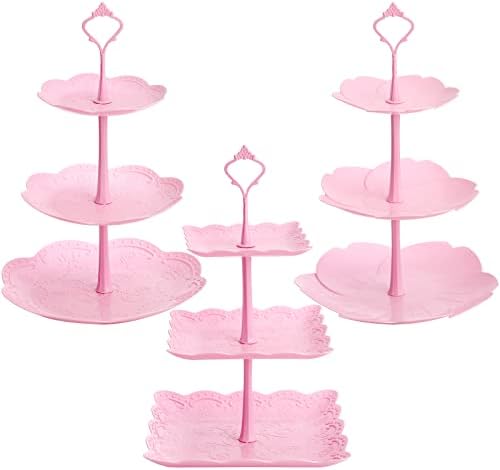 Tosnail 3 pacote 3 camadas Cupcake de plástico Stand Stand Stand Tiened Serving Bandeys With Pink Rod Candy Pastry para chá de bebê, casamento e festa - Rosa Rosa