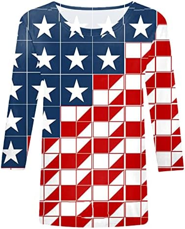 4 de julho Camisas para mulheres American Flag Summer 3/4 Manga Camisetas de pescoço de três quartos Manga respirável blusas
