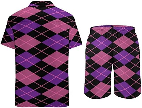Pink Argyle Diamonds Men 2pcs Hawaiian Set Button-Down Logo Fit Tees Shirts Beach Pants Tracksuit