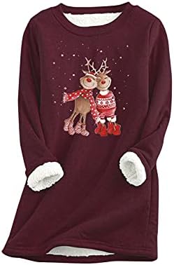Mulheres de lã Warm Sweatshirt grossa Christmas Roupa O-pescoço Papuz de impressão de Top Moman e Tunic Longo Capuz