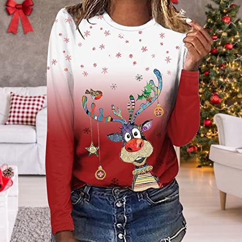 Hoodies leves de Anniya para Mulheres O-Jubi-Neck Feliz Christmas Tshirts Blusa de enrolamento de grandes dimensões para