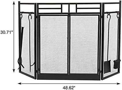 Telas de lareira Tela decorativa Tela de lareira Double Porta Tri dobra malha de ferro 122x80x1cm com ferramentas Tela de