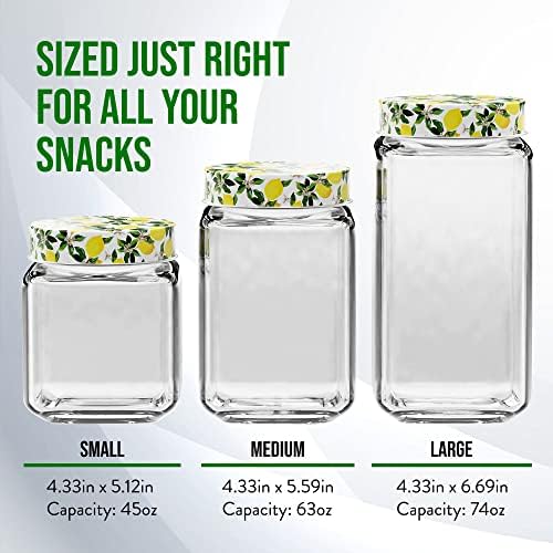 American Atelier Clear Glass Jars | Conjunto de 3 | Design de limão na tampa hermética | Recipientes de armazenamento de alimentos