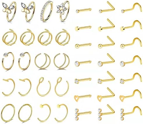 Une Douce 41 PCS Nariz Rings Conjunto, 20g Piercings Jóias, anel do nariz duplo para piercing, parafuso de nariz de aço inoxidável cirúrgico, parafuso em forma de L, pacote preto de ouro prateado para mulheres homens