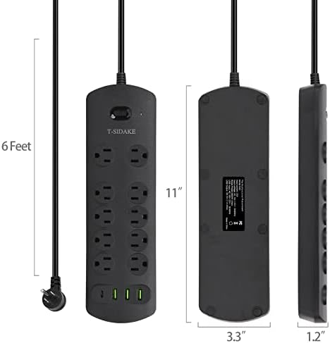 Faixa de energia, soquete T-Sidake, com 10 tomadas de energia CA, 3 portas USB 3.0 e uma porta USB C, cordão de extensão de 6 pés, é