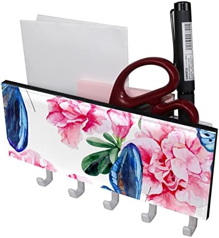 Organizador de rack de flores rosa de borboleta azul com 5 ganchos na parede banheiro da cozinha prateleira prateleira