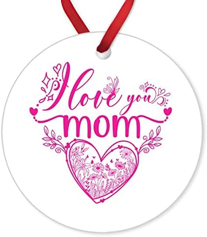 Eu te amo mãe ; Ornamento de Natal de Cerâmica em forma redonda. Floral Heart Mother Birthday