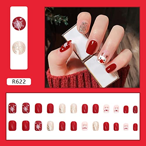 96 PCs Pressione de Natal em unhas curtas quadradas vermelhas unhas falsas cola de Natal fofa em unhas com floco de neve elk boneco de neve projeta glitter brilhante bastão de Natal em unhas para mulheres decorações de unhas