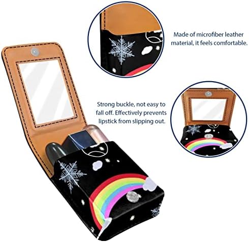 Mini maquiagem de Oryuekan com espelho, bolsa de embreagem Leatherette Lipstick Case, Cartoon Rainbow Snowflake Elk