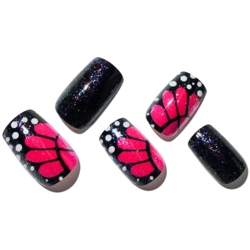 Pressione as unhas quadradas curtas, verão y2k borboleta unhas falsas cola rosa quente em unhas com design de ponta francesa glitter