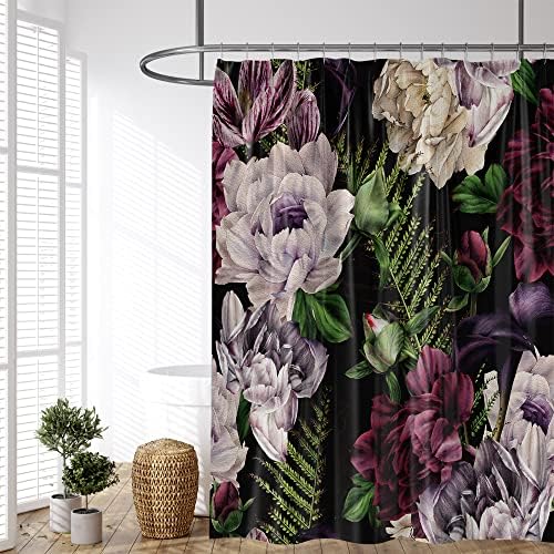 Yuyasm Black Floral Chuveira Cortina de cortina de tecido Aquarela Folhas de samambaia de primavera Plantas de jardim decoração Cor cortinas de banheiro com ganchos de plástico 70x70 polegadas