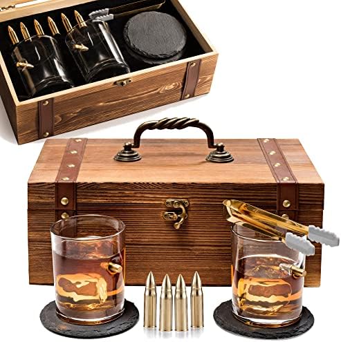 Presentes para homens de óculos de uísque para homens - Bourbon Whisky Stones exclusivo 10 peças Conjunto de presentes para homens