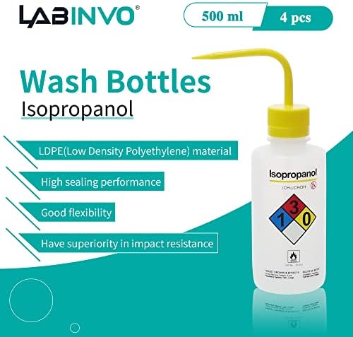 Labinvo 4pcs de garrafas de lavagem de isopropanol, vol.500ml, boca estreita, garrafas de lavagem de segurança, material LDPE, IN-WBI500
