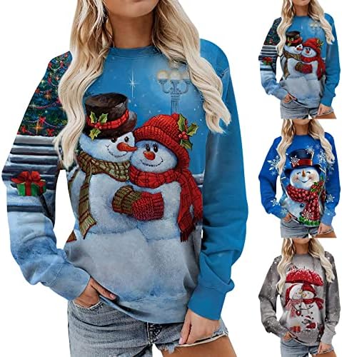 Moletom de Natal Mulheres X-Mas Tops Pullover de Impressão de Tampa com Padrão de Snowman T-shirts Gráfico de Manga Longa Camisetas