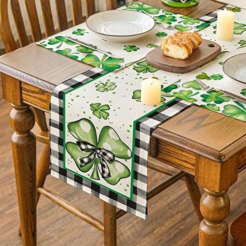 Modo Artóide Buffalo Plaid Dots Shamrocks St.Patrick's Day Table Runner, Runner de mesa de jantar da cozinha sazonal para decoração