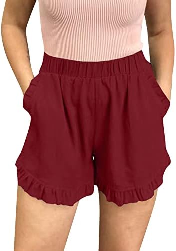 Shorts Mulheres com bolsos shorts femininos algodão de algodão alta de cintura plissada shorts fofos de praia flowy casual