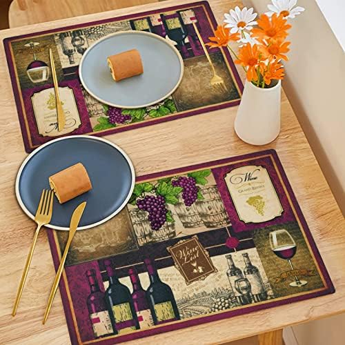 Framics Wine Placemats Conjunto de 4, tapetes de linho grosso, tapetes de mesa laváveis ​​resistentes ao calor, copos de uva vintage