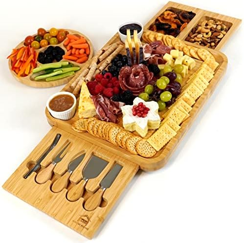 Conjunto de placa de charcutaria - quadro de queijo de bambu e conjunto de faca - bandeja de queijo grande para servir em festas