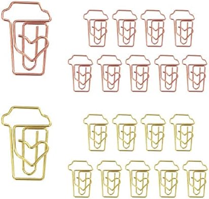 Owlfavo Coffee Cup Shape 20pcs Clipes de papel com caixa transparente, ouro rosa e ouro amarelo, engraçado fofo de papel clipes de marcas clipes de planejadores para diversão para escritórios presentes da escola Decoração de casamento