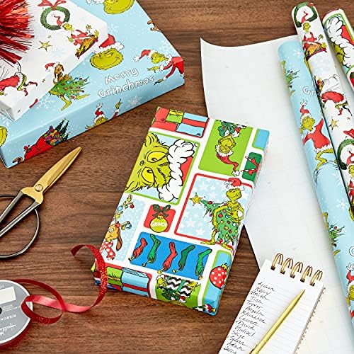 Hallmark Grinch Papel de embrulho para crianças para o Natal com azulejos azuis, flocos de neve brancos, Cindy Lou que, Max,