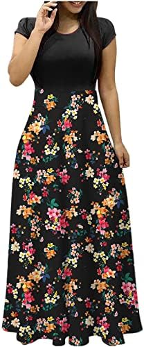 Vestidos de verão para mulheres 2023 Moda Boho Floral Maxi Dress Slim O-pescoço de mangas curtas causal Longo