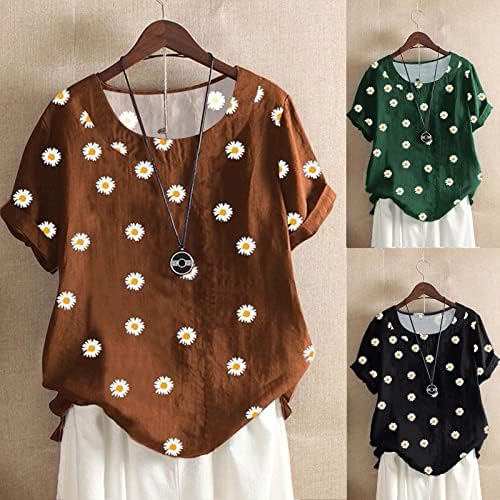 Camisas de linho de algodão para mulheres com impressão floral moderna Tops de mangas curtas casuais Botão de ajuste