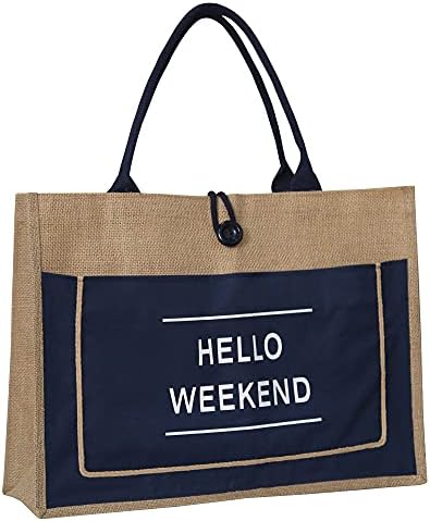 JOSSOIOJ Hello Weekend Impred Posted Jute Tote sacolas com bolso de bolso frontal de lona Bolsas de estopa naturais