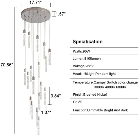 Voerqi 157 H 18 Lights Brusc Nickel Nickel Crystal lustre Longo de Longo para Stair High Teto Retomer, Switch Canopy Controle