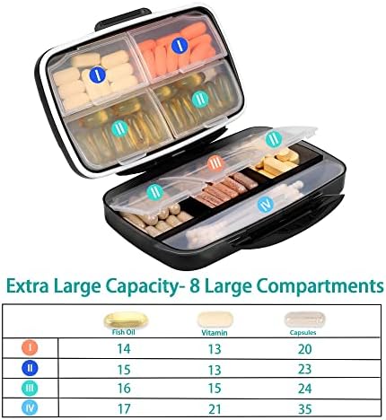 Organizador da pílula de viagem Organizador de medicamentos portáteis grandes, Fullicon Oversize 8 Compartamento Pílico Caixa de