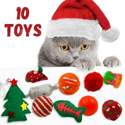 Brinquedos de gatos para gatos internos, 10 peças com temas de Natal para brincar e estimular, pacote colorido de acessórios para gatinhos