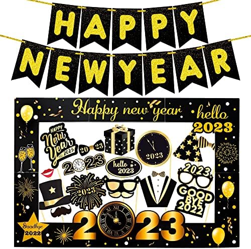 Photo Booth Frame 2023 - pacote de 36 | Feliz Banner de Ano Novo - 10 pés | Feliz Ano Novo Decorações 2023 | Ano Novo Véspera
