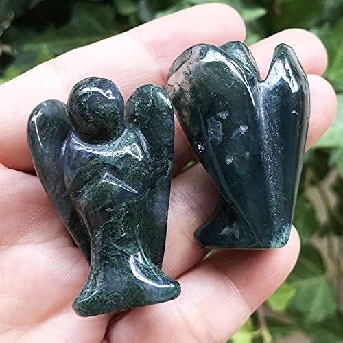 HSLUTIEE 1,5 Gemtone esculpida à mão Pray Angel estátua, Crystal Peace Guardian Angels Pocket Stone Decoration, Moss Agate