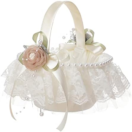 Fofetbfo 2 PCs Casçamento de flores de casamento, cesta de flores de renda branca com flor de rosa de seda e pérolas, elegante