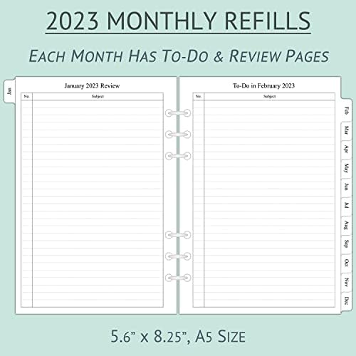 2023 Reabastecimento mensal do planejador para fichário A5, duas páginas por mês, janeiro de 2023 - dezembro de 2023, 5,6 x8.3, 6 buracos perfurados