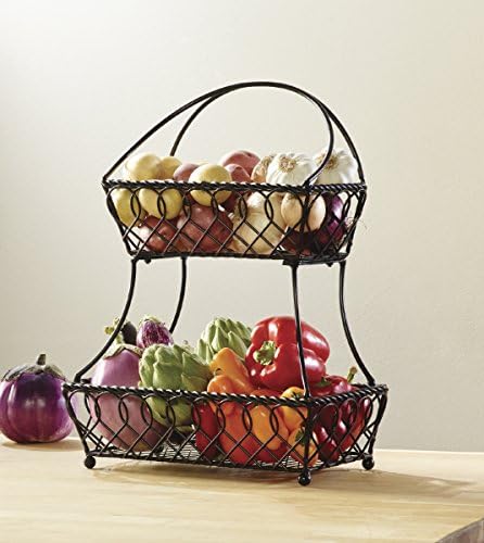 Noções básicas gourmet de mikasa loop e treliça de armazenamento de frutas de metal de 2 camadas, preto antigo