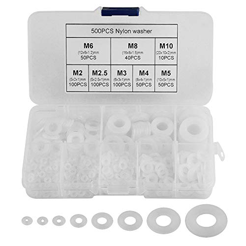 Xingyheng 500pcs Nylon White White Flat Nylon Spacers Kit de sortimento M2 M2.5 M3 M4 M5 M6 M8 M8 com uma caixa de plástico