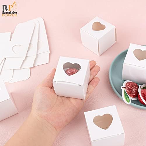 RP Power notável, 50 Pack White Mini Gift Boxes Caixa de presente Treat 2 x 2 x 2 Kraft Caixa com janela em forma de coração transparente para biscoitos de panificação de bolo de bolsa