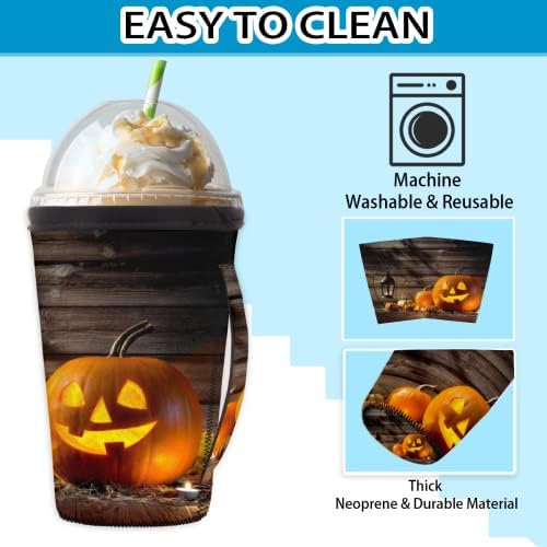 Halloween Pumpkin Lantern 65 Manga de café gelada reutilizável com manga de neoprene de alça para refrigerante, café com