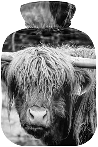Garrafas de água quente com capa Scottish Highland Cow Hot Water Bag para alívio da dor, lesões esportivas, pés e cama mais quentes de 2 litros