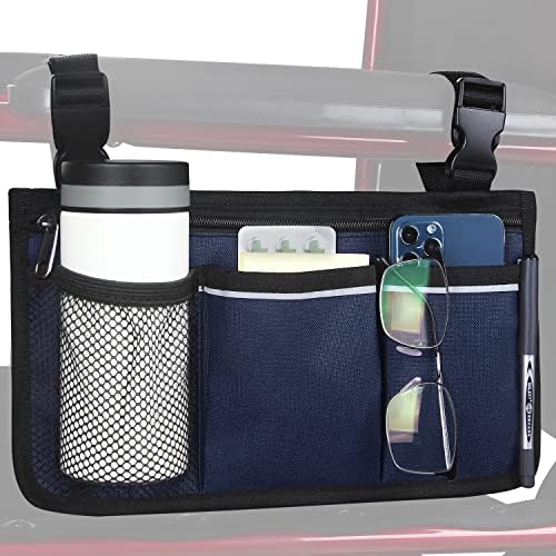 Cadeira de rodas Organizador de armazenamento Bolsa de apoio de saco com suporte de copo e faixa refletiva Use tecido