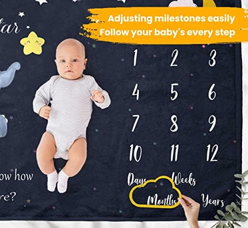 Pavo Baby Milestone Blanket - Baby Monthly Milestone Blain for Boys Girls - Baby Elephant Twinkle Little Star - Gráfico de meses de crescimento do primeiro ano neutro - Presentes de chuveiro premium para recém -nascido 60 x40
