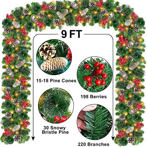 Garland de Natal de 9ft de 9ft com 100 Lights Timer 8 Modos Decorações de Natal mais grossas 250 galhos 18 PINECONES 198 BATIAS Decoração