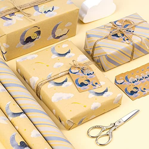 Rolinhos de papel de embrulho biobrown com etiquetas e barbante de juta - Designs de chuveiro de bebê para aniversário, embalagem do chá de bebê - 3 rolos - 17 polegadas x 10 pés por rolo