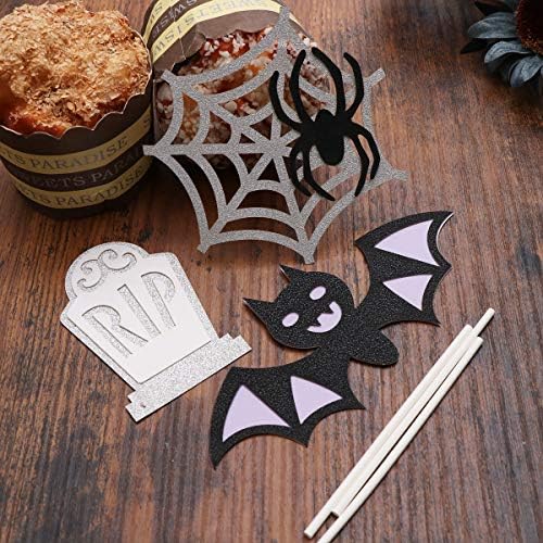 Bestoyard 3pcs Halloween Cake Topper Funny Glitter Bat Spider Spider Tombsto