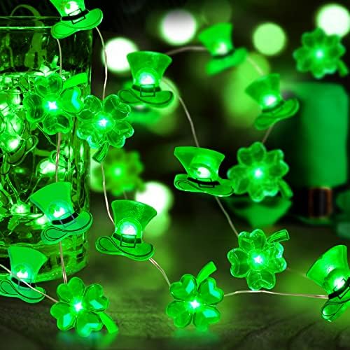 Decorações do dia de St Patricks 13 pés 50Leds Lucky Clover String Lights Powered Battery, St Patricks Day Decor 8 Modos Green Fairy