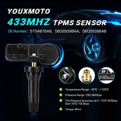 Youxmoto 56029398AB Sensor de pressão dos pneus TPMS 433MHz, compatível com Jeep Grand Cherokee Wrangler, Dodge Charger Challenger