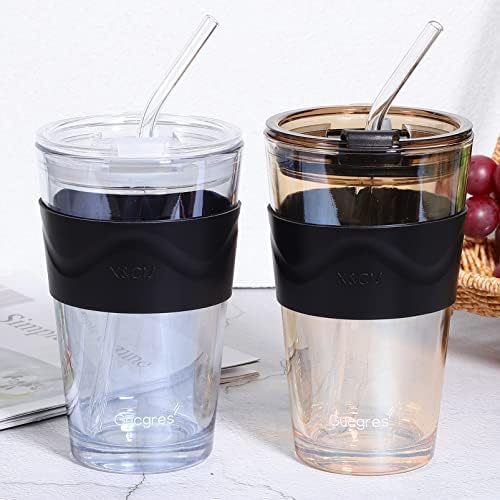 Toddmomy 2pcs caneca de vidro transparente com tampa e palha de café gelo com copos de café com suco de couro que bebem copos de água quente copo de vidro de vidro de vidro de caneca de café 450ml